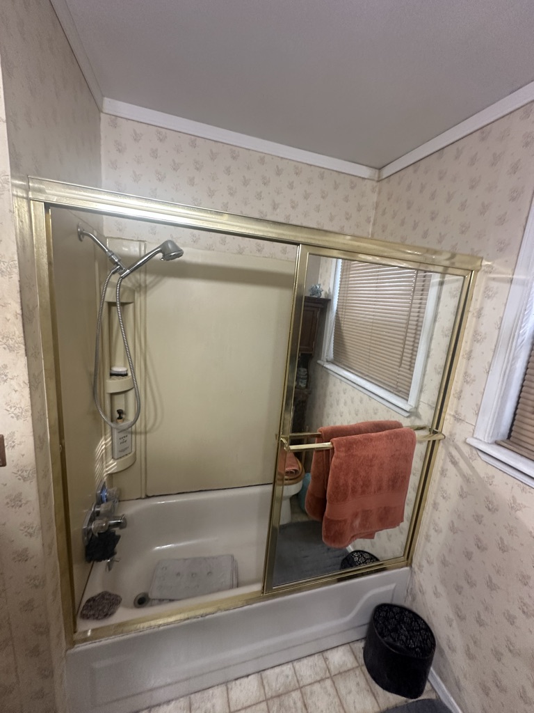 Before: a tub with a brass framed sliding glass enclosure