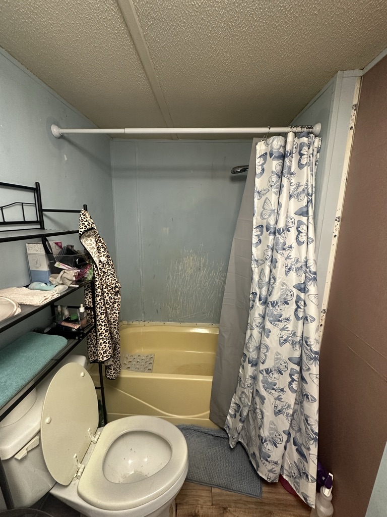 Before: a tub and shower combination with painted walls and a shower curtain