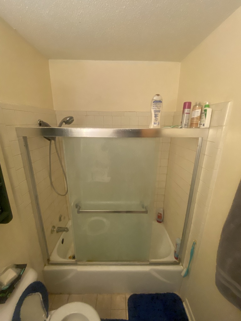 Before: an old tub with a frosted sliding glass enclosure