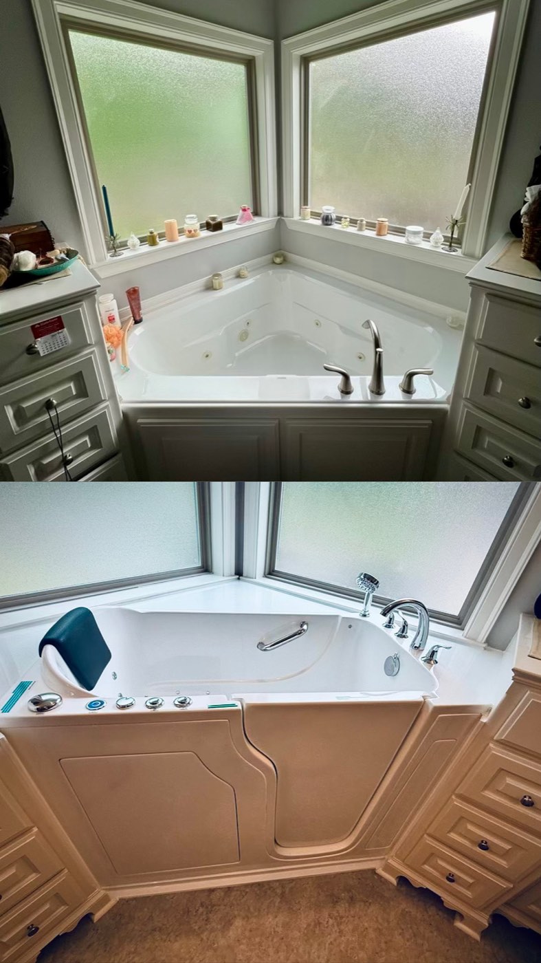 Before and after: a corner whirlpool tub replaced with a walk in tub with a low entry door