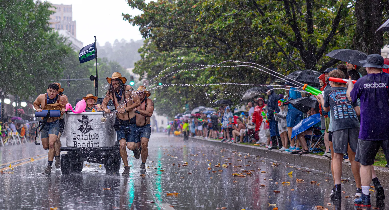 Bathtub Bandits parade, wide shot with crowd