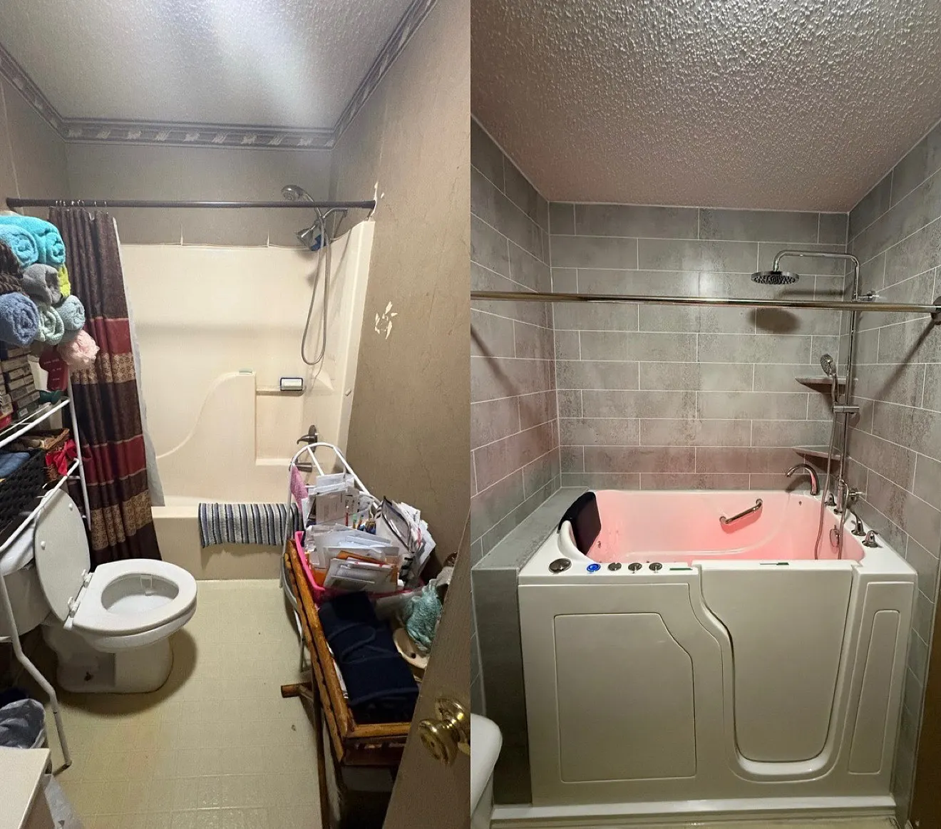 Before and after composite: cluttered bath to walk in tub with pink tone lighting