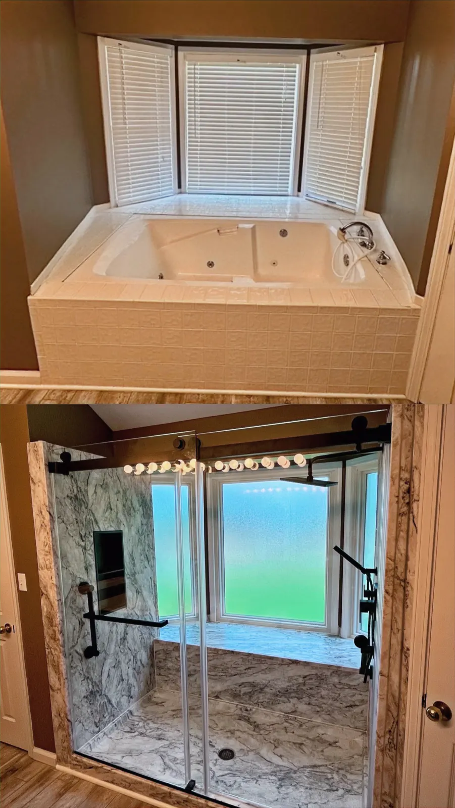 Before and after composite: corner jetted tub to glass door walk in shower