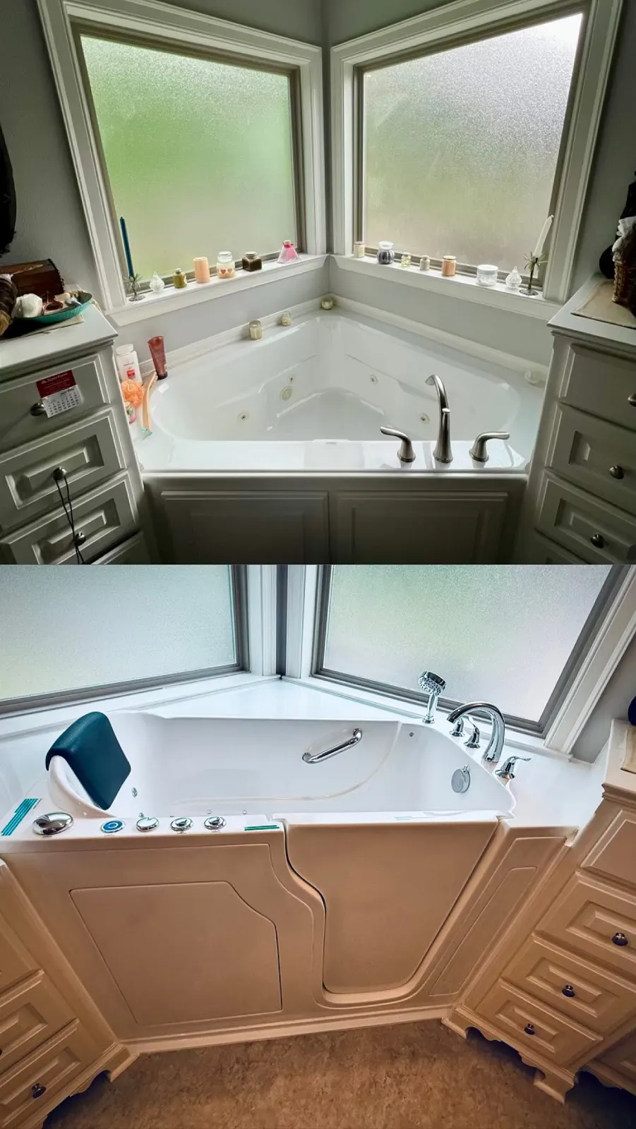 Before and after composite: corner whirlpool tub replaced