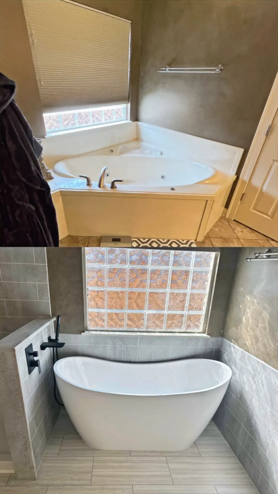 Before and after composite: corner whirlpool tub to freestanding tub and patterned walls