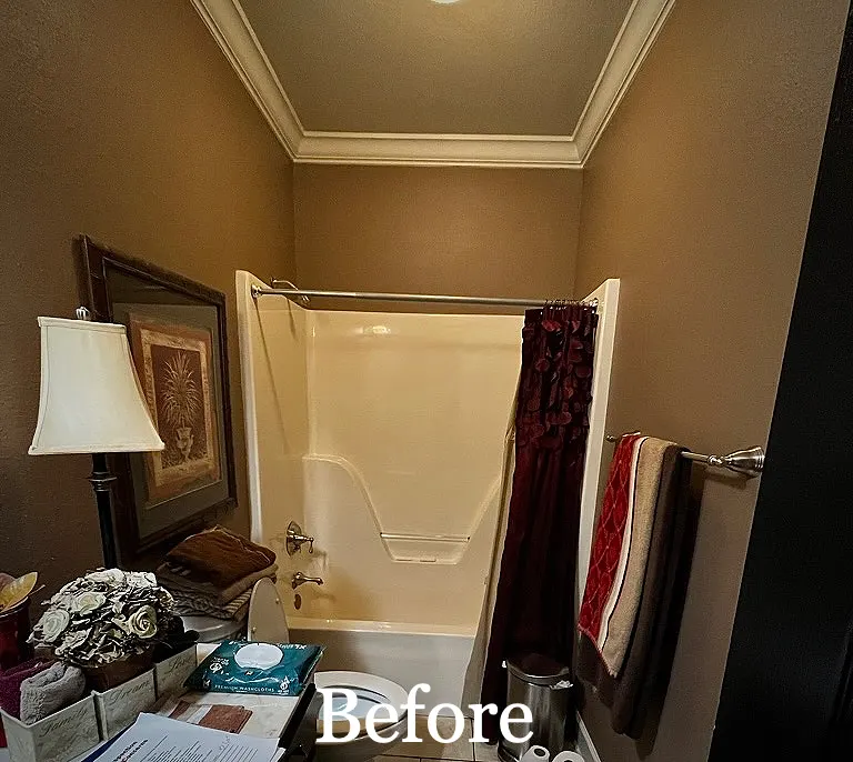 Before: BEFORE: small tub and shower surround