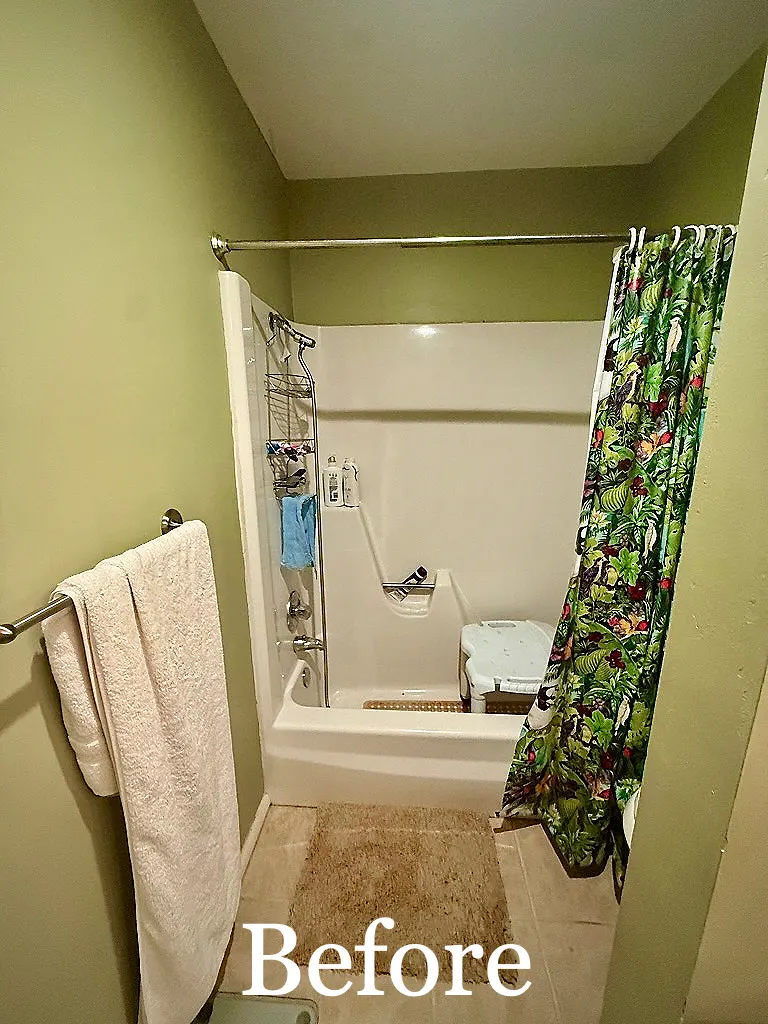 Before: BEFORE: tub and shower with curtain, green walls