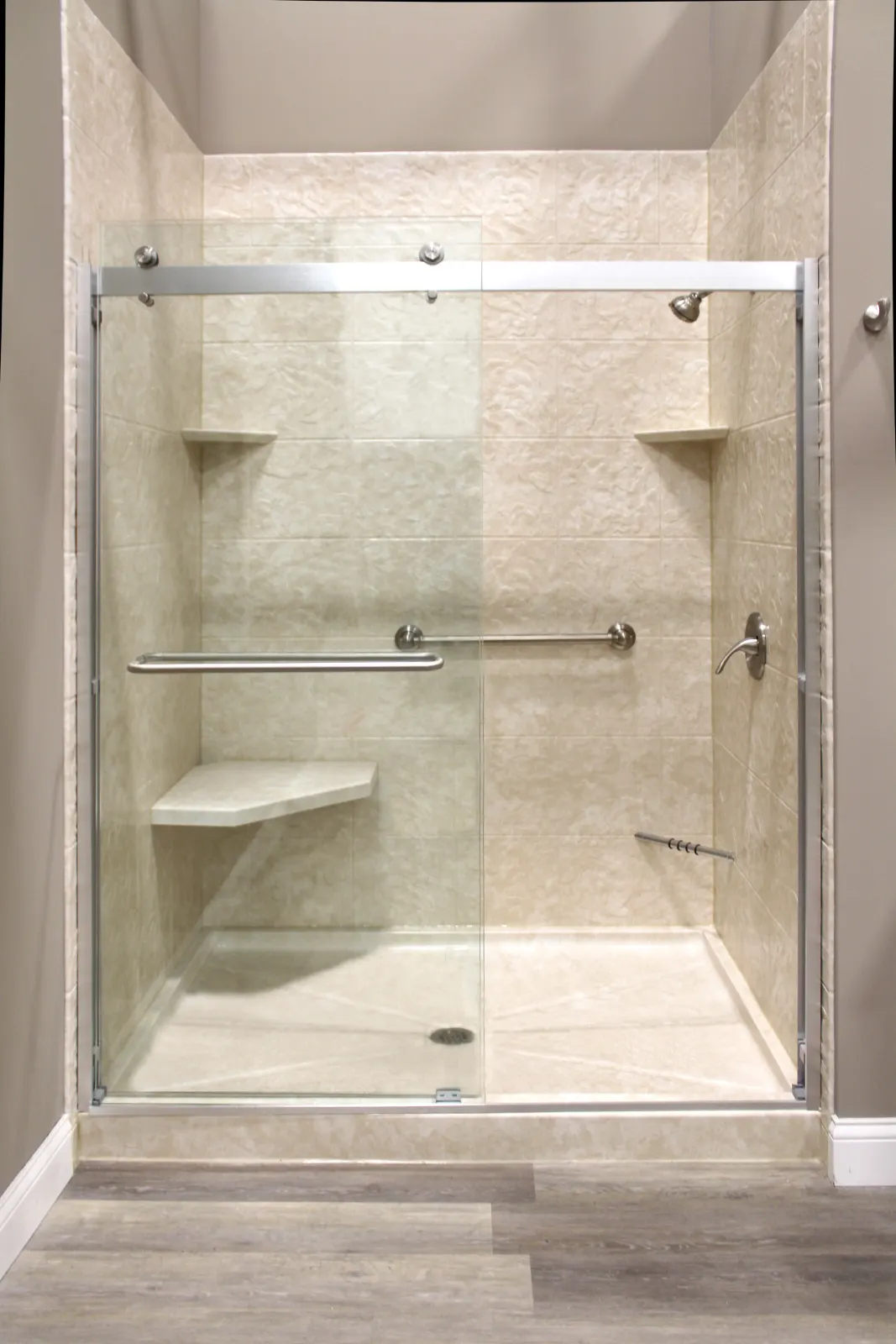 Chrome framed walk in shower with corner seat