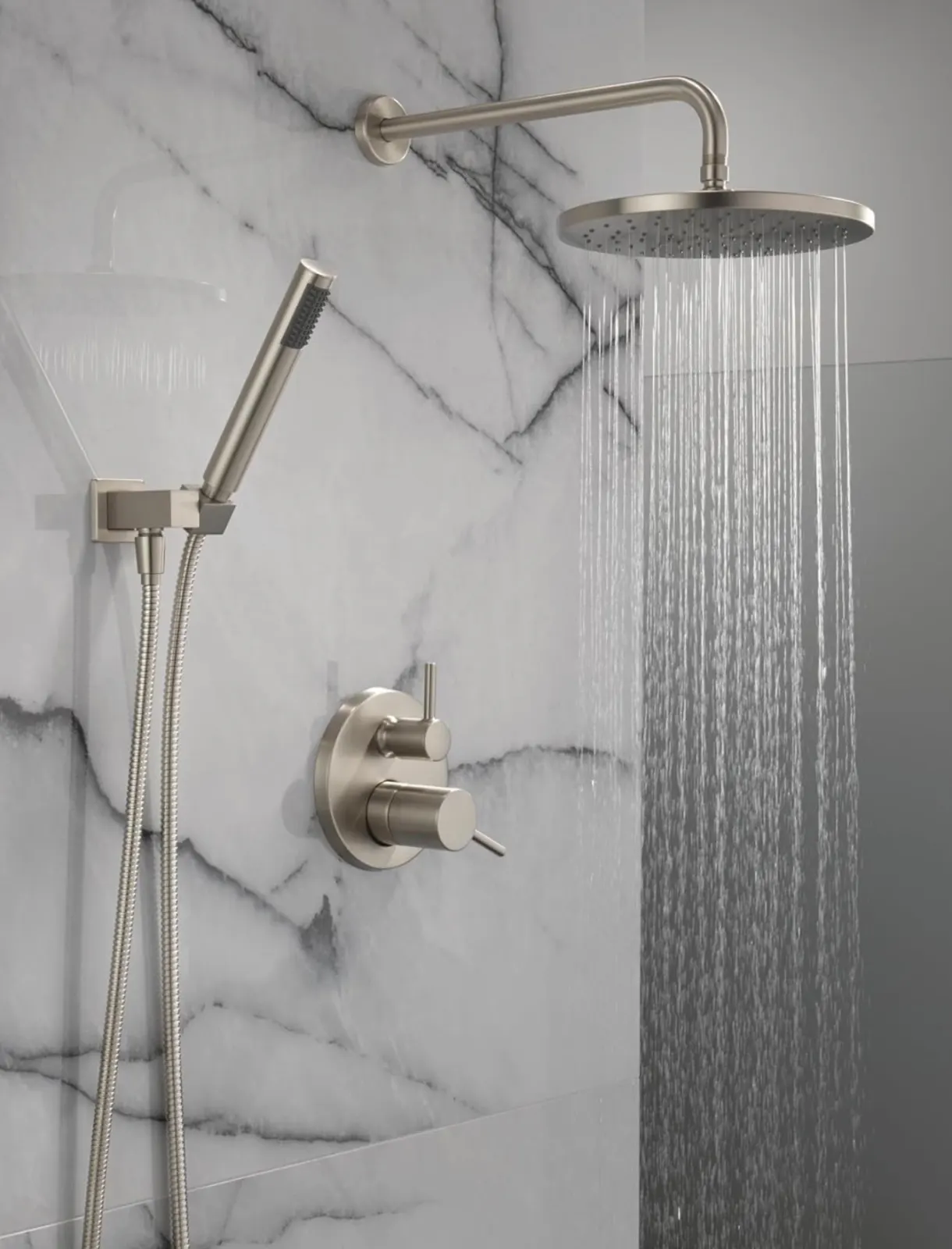 Chrome rain shower + handheld on marble wall
