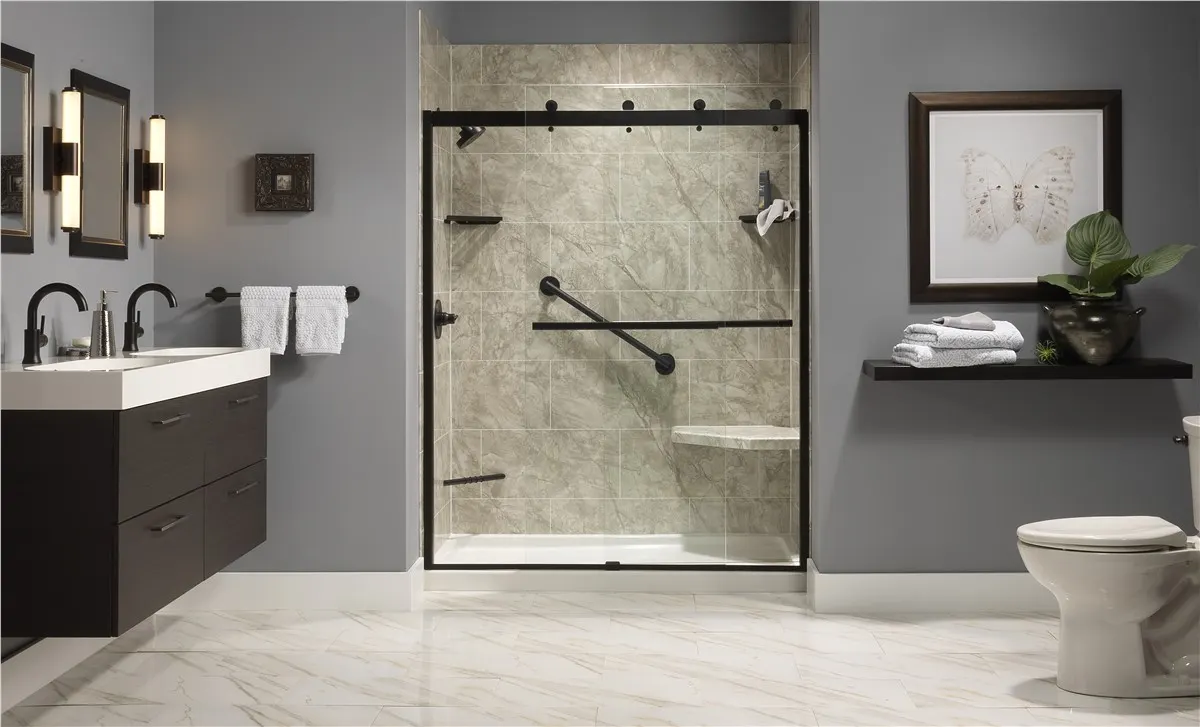Dark vanity with black framed glass shower
