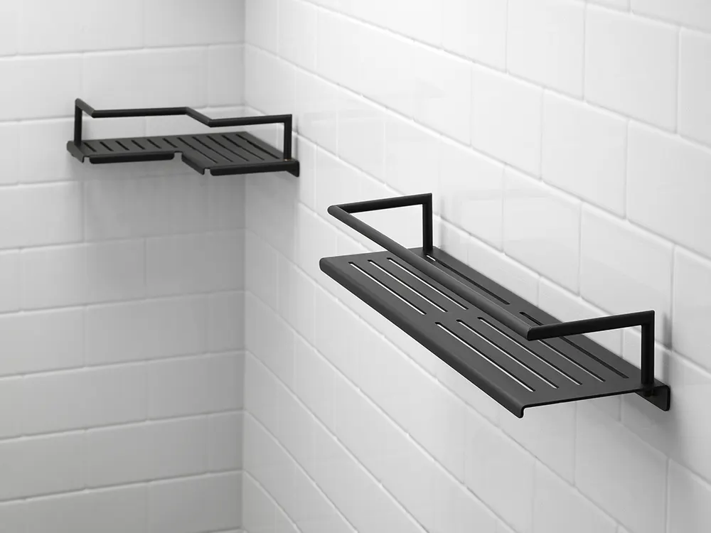 Matte black corner shelves on a white wall