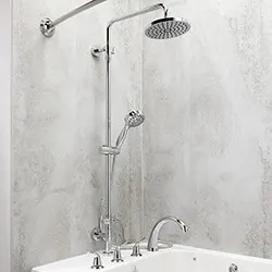 Shower column with rain head, handheld, light marble wall