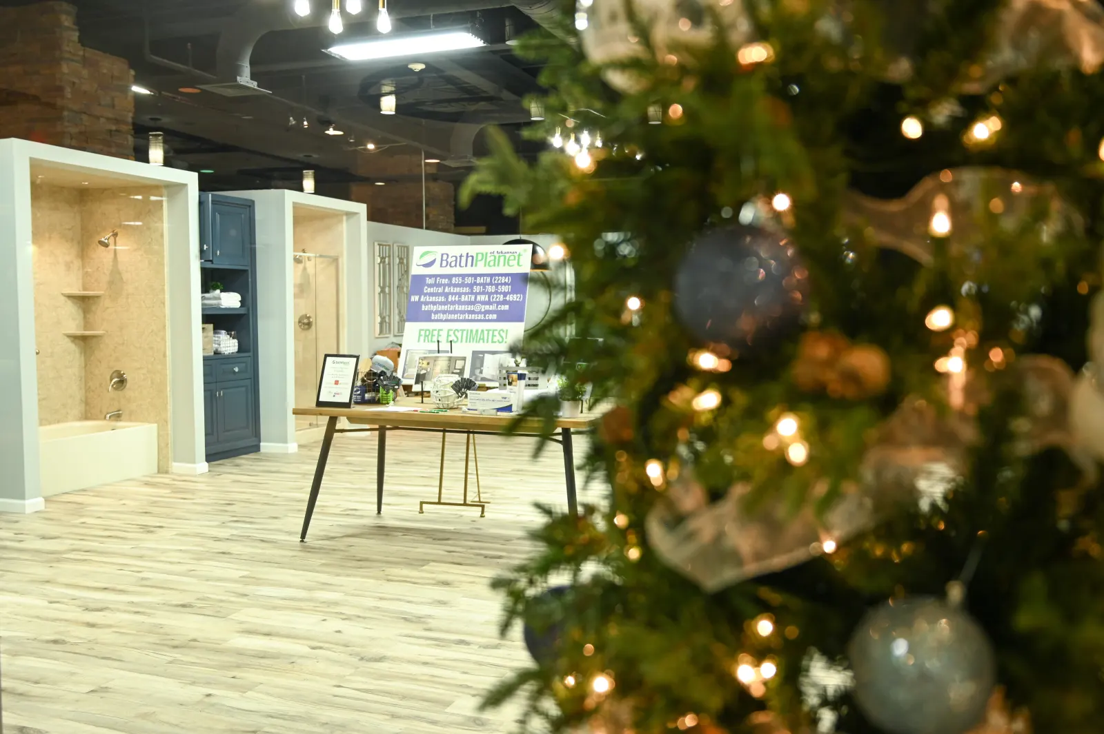 Showroom interior with Christmas tree and display stalls