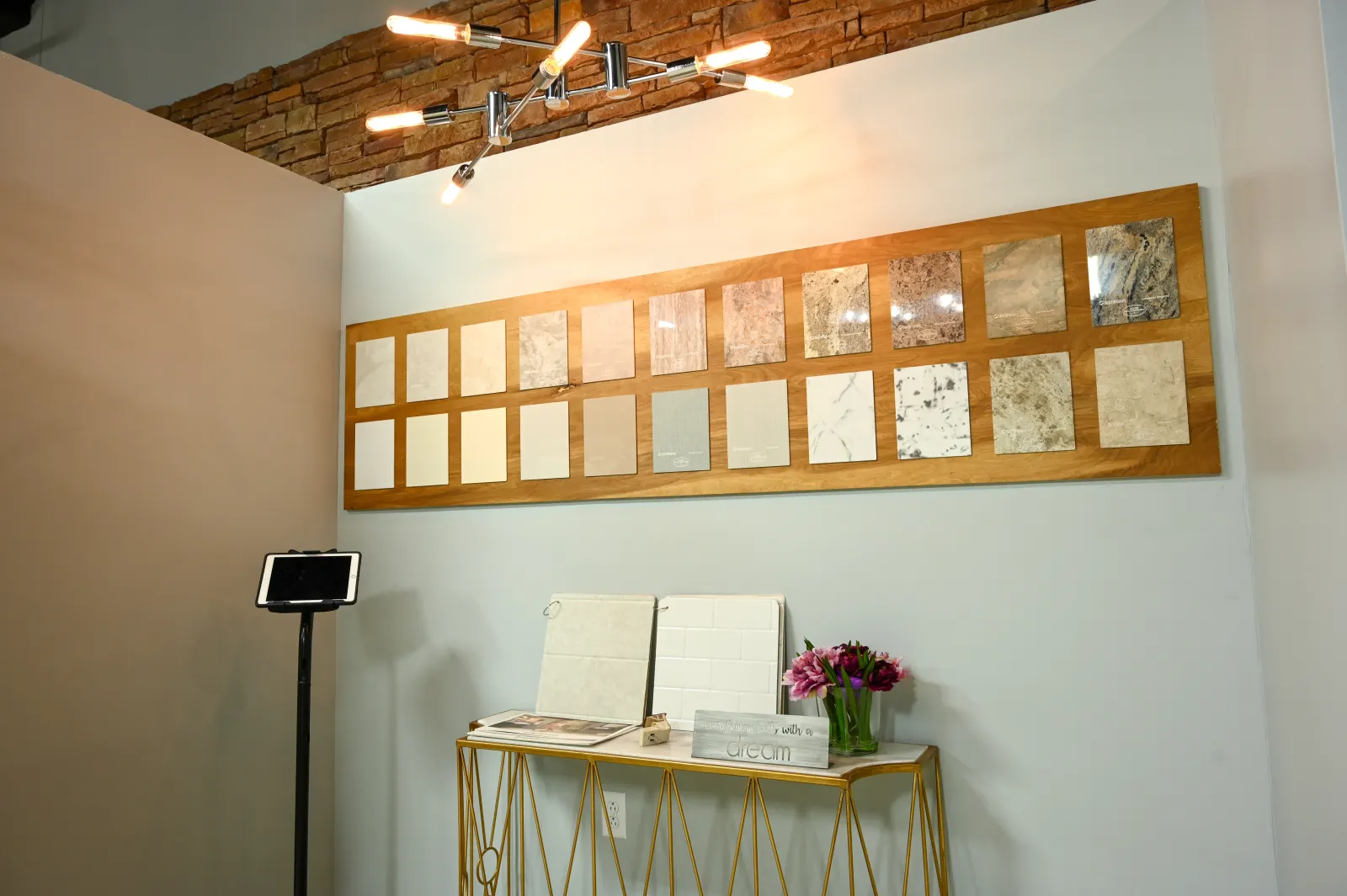 Showroom: sample board wall and console