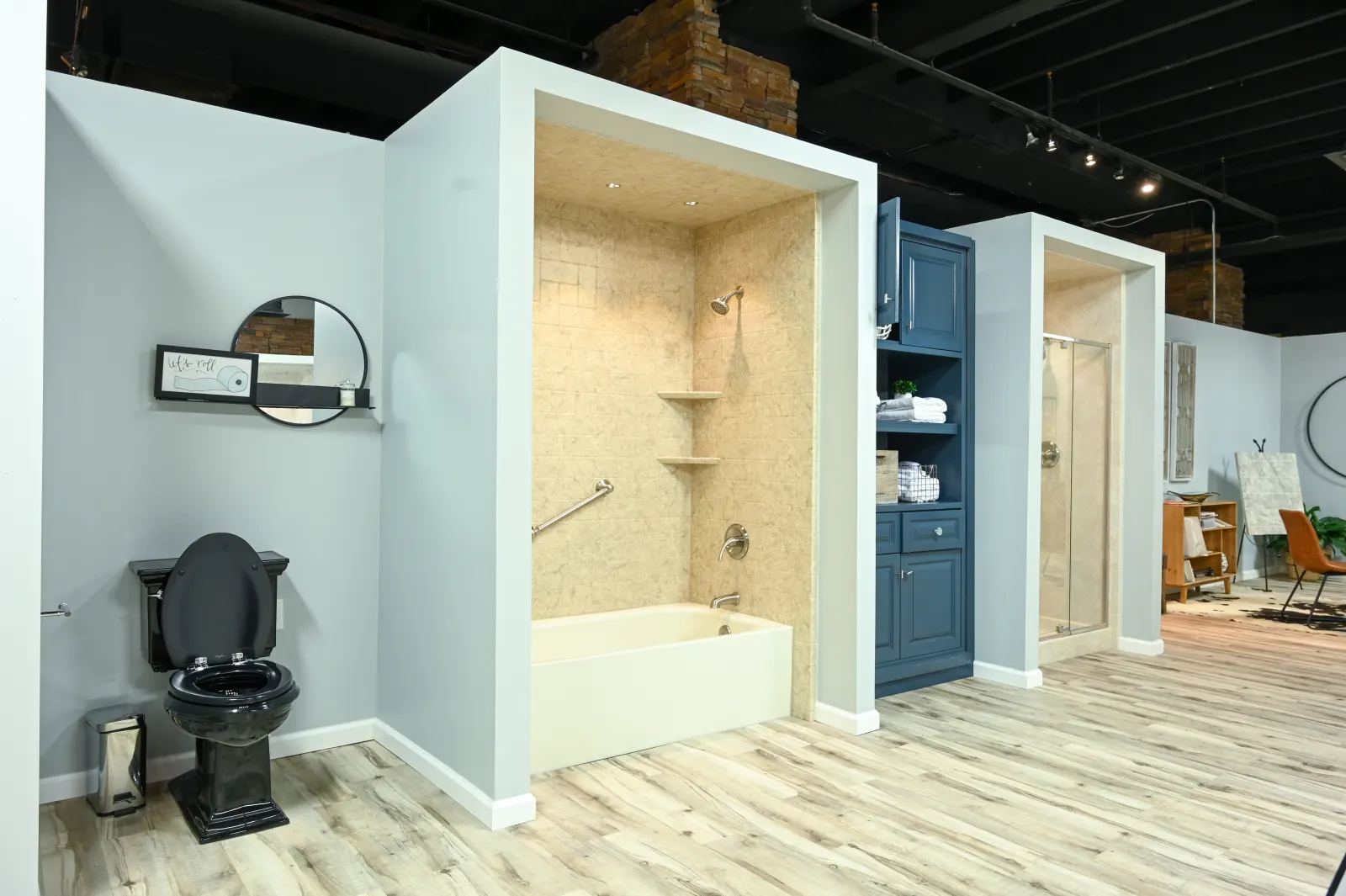 Showroom tub and shower display, blue vanity
