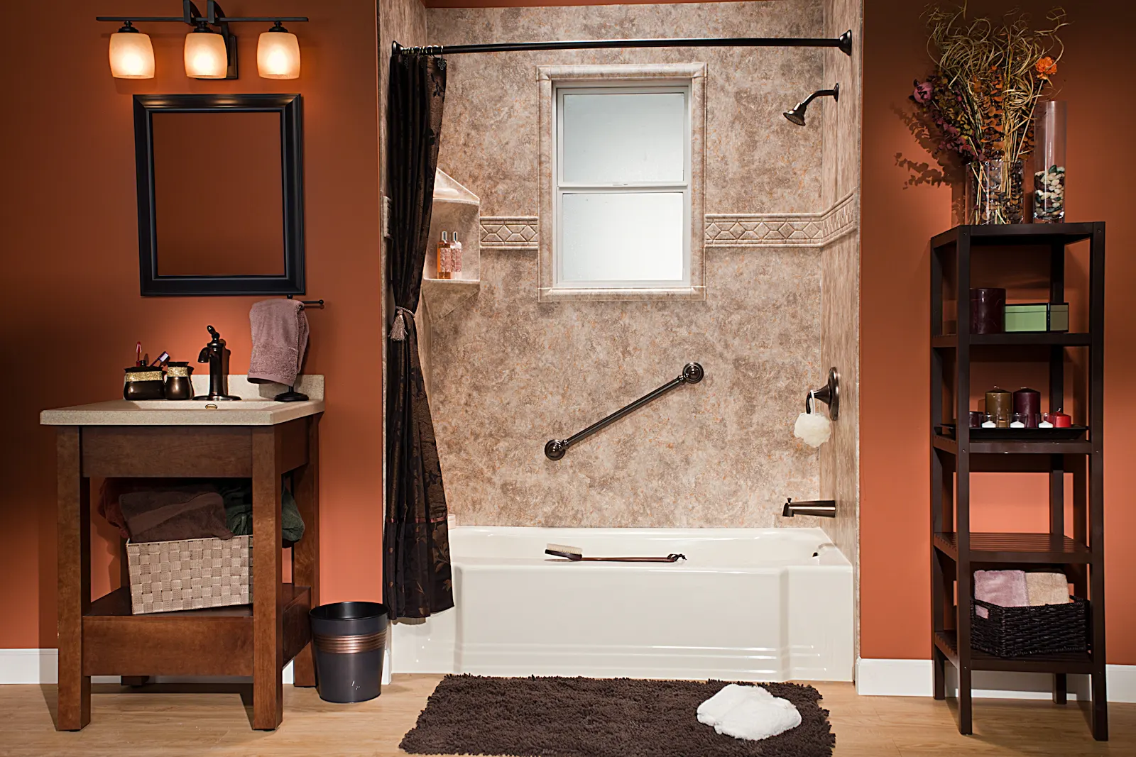 Tub and shower with decorative terracotta wall paint