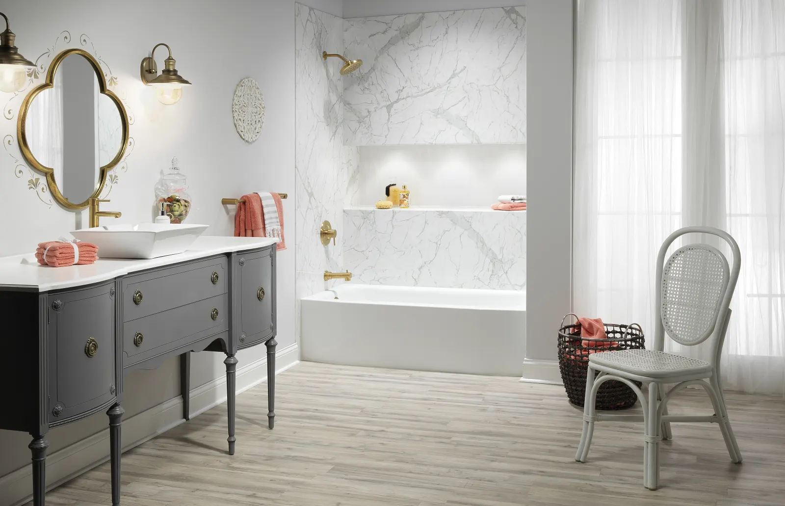 Tub to shower conversion in bright bathroom