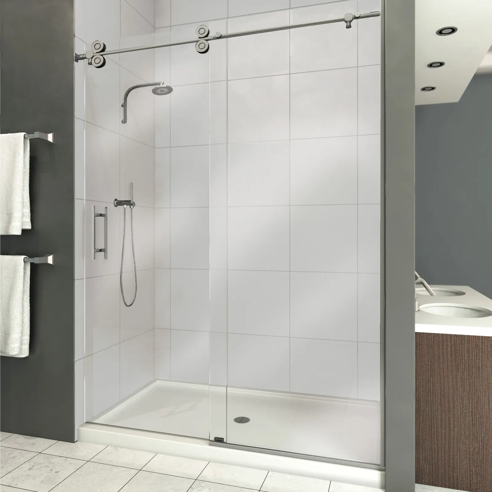 Walk in shower with sliding glass, white walls, rain head