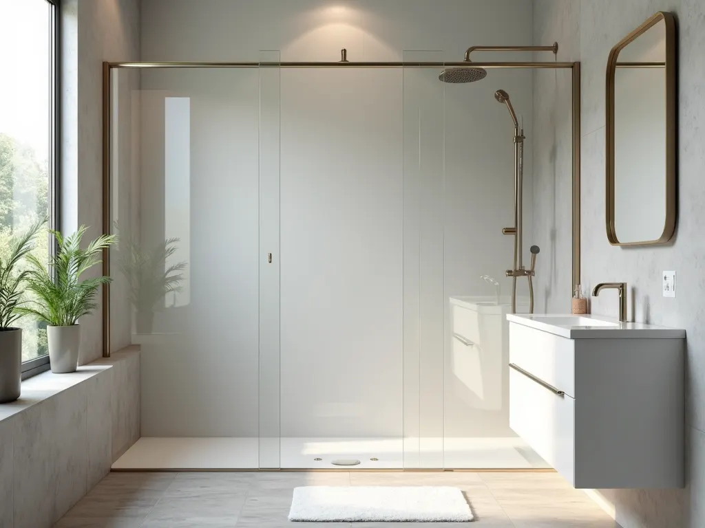 Walk in shower with wood tone vanity, bronze frame