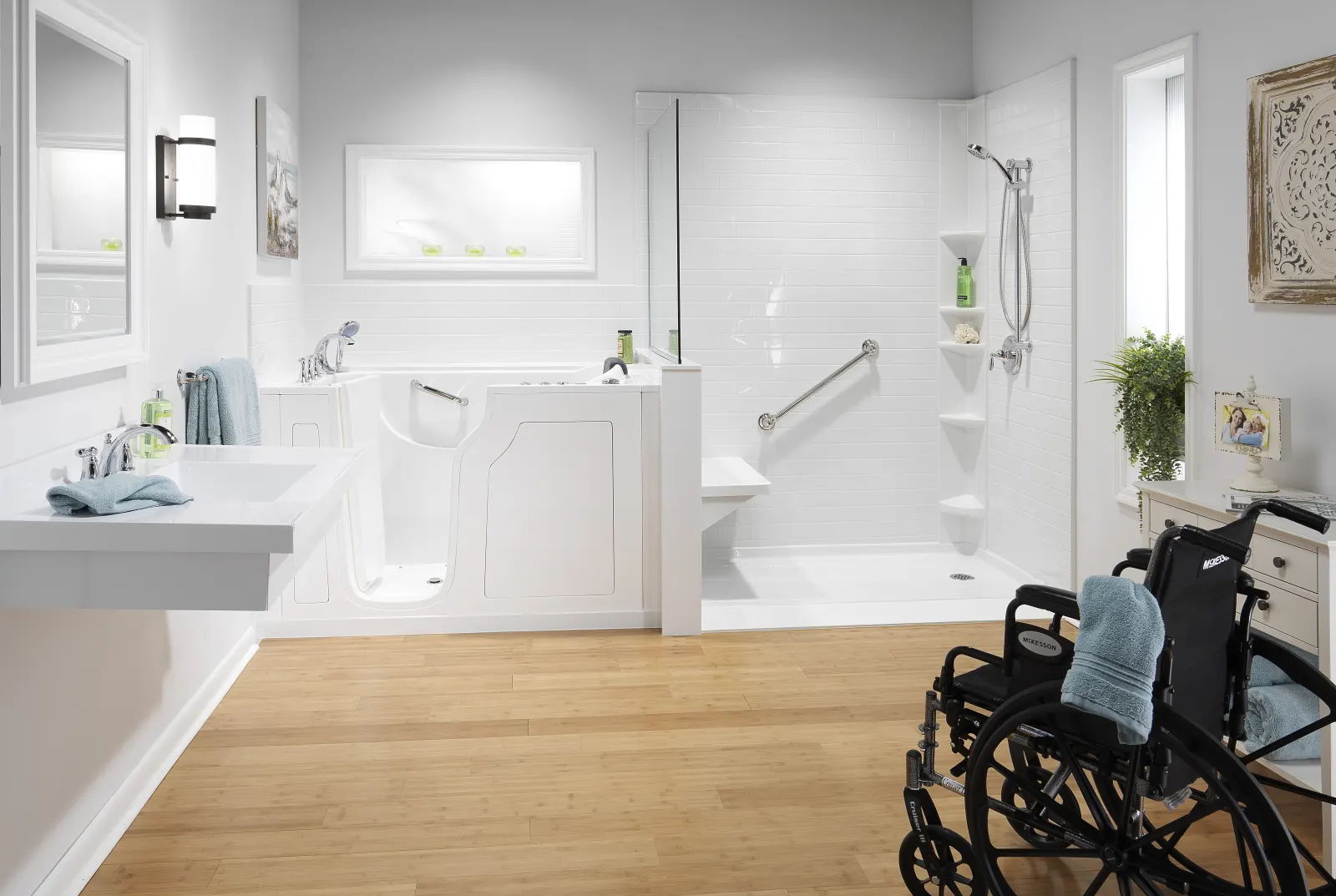 Walk in tub and walk in shower with wheelchair in bathroom