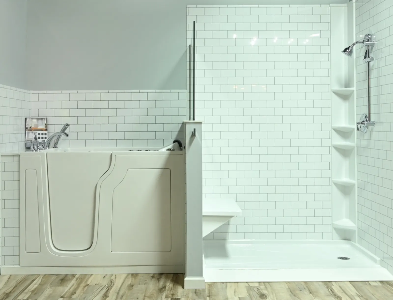 Walk in tub with white subway pattern shower