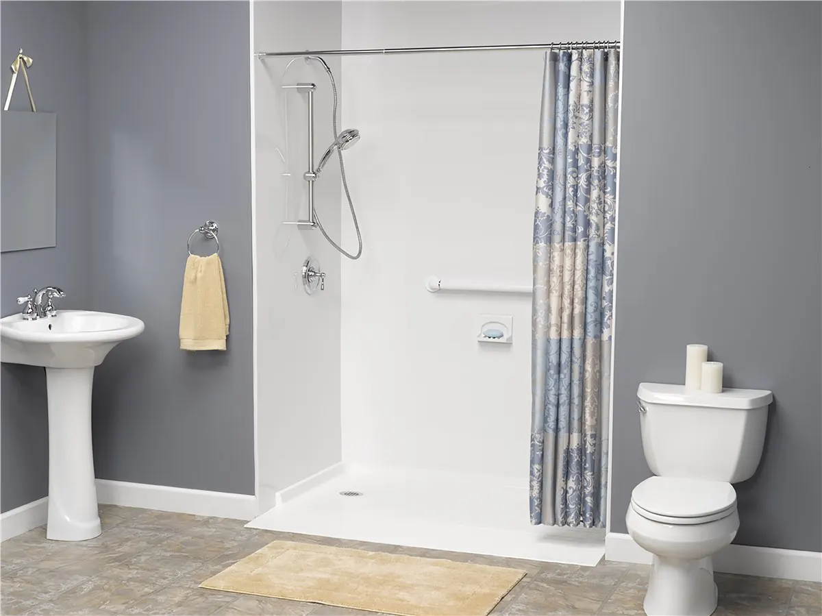 White walk in shower with curtain
